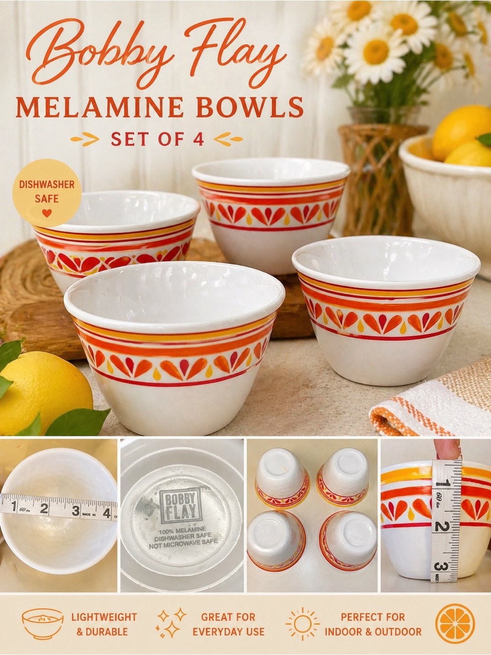 Bobby Flay Melamine Bowls Set of 4 Orange Red Retro Pattern Kitchen Prep Bowls